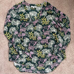 Rose + Olive Blouse Womens Large Green Floral Tunic Long Sleeve Relaxed Flowy